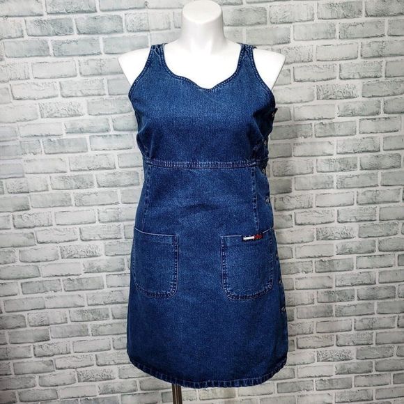 Vintage 90s‎ Y2K Tommy Jeans Womens 14 Denim Tank Mini Dress Button Side - Picture 1 of 9